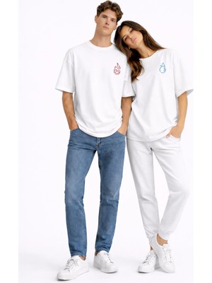 Mondschein Sevgili Kombini Ateş Su Minimal Çift Tişört Oversize Unisex Partner Kombin Seti