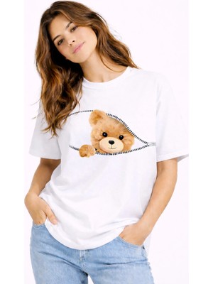Mondschein Fermuarlı Ayıcık Baskılı Kadın Tişört Oversize Sevimli Teddy Bear Baskılı Pamuk T-Shirt