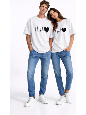 Mondschein Sevgili Kombini Kalp Ritmi Baskılı Çift Tişört Oversize Unisex Partner Kombin Çift Seti