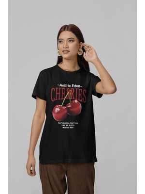 Mondschein Unisex Erkek/kadın Cherrıes Özel Baskılı Oversize Pamuklu Bisiklet Yaka T-Shirt