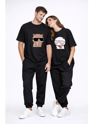 Mondschein Sevgili Kombini Çift Tişört Panda Baskılı Oversize Unisex Çift Kombin Sevimli Çift Tişört Seti