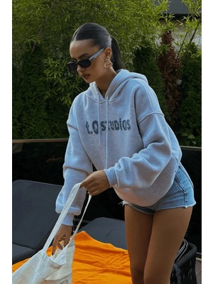 FullaModa Studios Kot Nakışlı Kapüşonlu Sweatshirt