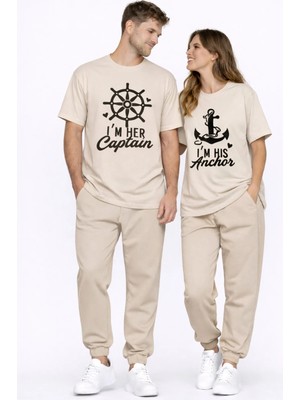 Mondschein Sevgili Kombini Oversize Çift Tişört Unisex Captain Anchor Baskılı Matching Couple Partner 2'li Set