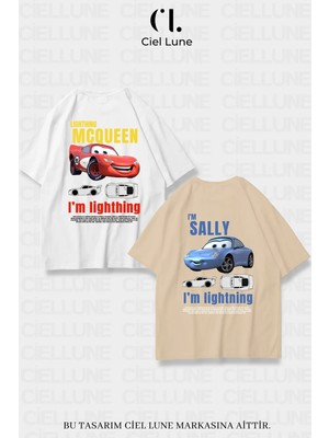 Mondschein Unisex Kadın Erkek Şimşek Mcqueen ve Sally Baskılı Sevgili Çift Kombini Tasarım Oversize Tshirt 2'li