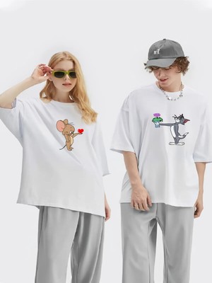 Mondschein Unisex Kadın Erkek Tom ve Jerry Baskılı Sevgili Çift Kombini Tasarım Oversize T-Shirt 2'li Set