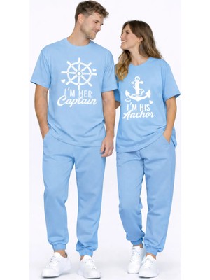 Mondschein Sevgili Kombini Oversize Çift Tişört Unisex Captain Anchor Baskılı Matching Couple Partner 2'li Set