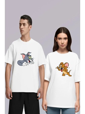 Mondschein Unisex Tom ve Jerry Ön Baskılı Sevgili Çift Kombini Tasarım Oversize Tshirt 2'li