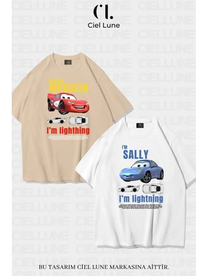 Mondschein Unisex Kadın Erkek Şimşek Mcqueen ve Sally Baskılı Sevgili Çift Kombini Tasarım Oversize Tshirt 2'li