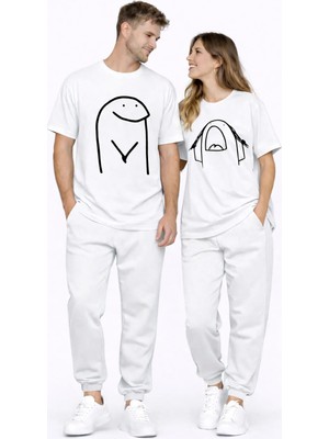 Mondschein Sevgili Kombini Çift Tişört Oversize Unisex Matching Couple Minimal Çizim Tasarım Çift Kombin Seti