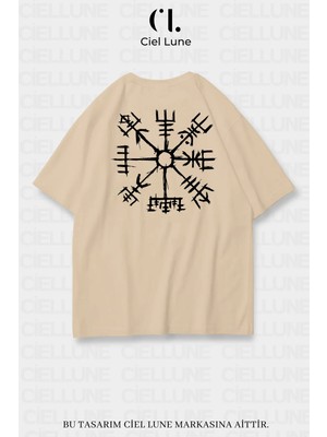 Mondschein Unisex Kadın Erkek Viking Pusula Vegvisir Baskılı Özel Tasarım Oversize T-Shirt
