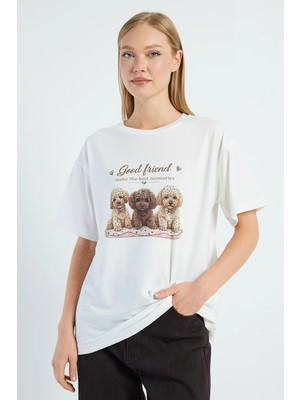 FullaModa Taşlı Köpek Baskılı Salaş Tişört