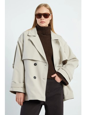 FullaModa Beli Kemerli Kruvaze Yaka Oversize Trençkot