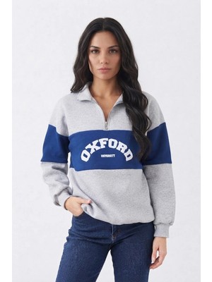 FullaModa Oxford Baskılı Yarım Fermuarlı Sweatshirt