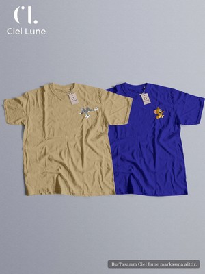 Mondschein Unisex Kadın Erkek Tom ve Jerry Özel Sevgili Çift Kombini Tasarım Oversize Tshirt 2li Takım