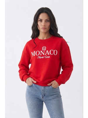 FullaModa 3 Iplik Monaco Baskılı Oversize Sweatshirt
