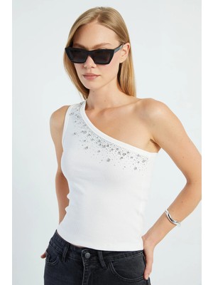 FullaModa Taşlı Tek Omuz Slim Fit Bluz