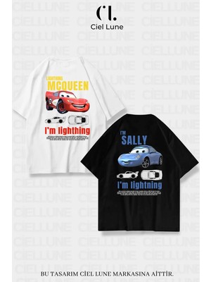 Mondschein Unisex Kadın Erkek Şimşek Mcqueen ve Sally Baskılı Sevgili Çift Kombini Tasarım Oversize Tshirt 2'li