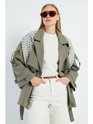 FullaModa Beli Kemerli Kruvaze Yaka Oversize Trençkot