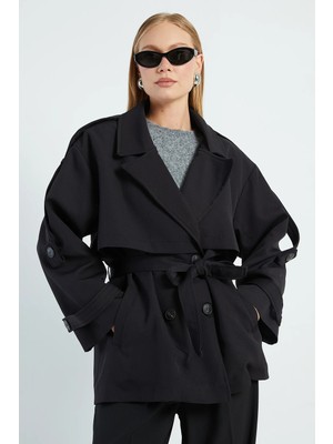FullaModa Beli Kemerli Kruvaze Yaka Oversize Trençkot