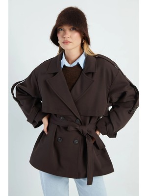 FullaModa Beli Kemerli Kruvaze Yaka Oversize Trençkot