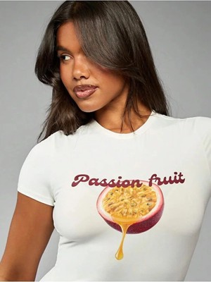 Mondschein Kadın Passion Fruit Baskılı Bisiklet Yaka Baby Tee Penye Crop Tshirt