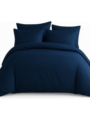 1001 Çift Kişilik Lacivert Çizgili Saten Nevresim TAKIMI%100 Pamuk 200X220 - Yumuşak Dokulu Lüks N