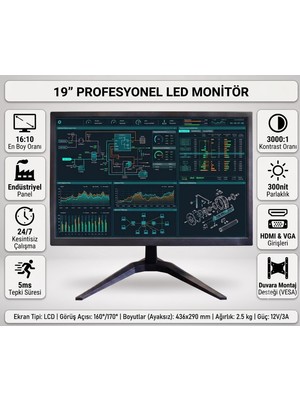1001 19" Profesyonel LED Monitör | HDMI VGA Girişli | 5ms Tepki Süresi | Duvara Monte Edilebilir
