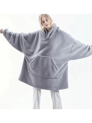 1001 Wellsoft Kapşonlu Giyilebilir Tv Battaniyesi Unisex Over Size 85 x 85 cm Gri Polyester