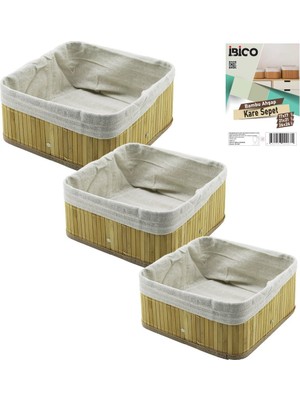 Tuğraçelik Ibico İ12-067 Kare Bambu Kenar Organizer Sepet Seti 3 Boy Ahşap Altlık Bezli