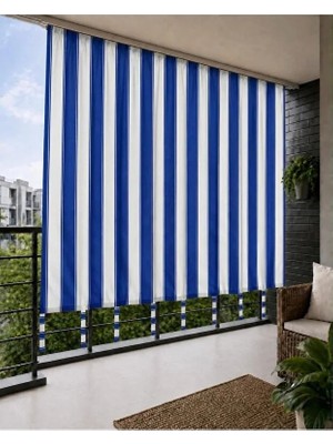 MRC Tekstil Mavi Beyaz Çizgili Lüks Su Geçirmez Kornişli Bağcıklı Balkon Perdesi Branda