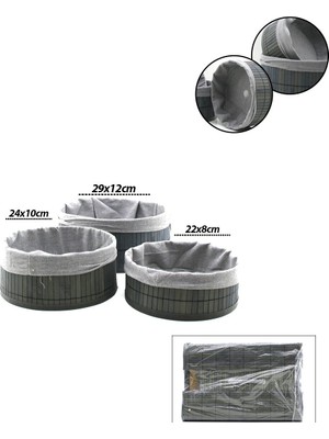 Tuğraçelik Ibico İ22-329 Bambu Kenarlı Yuvarlak Organizer Sepet 3'lü Set - Gri Bezli Ahşap Altlıklı