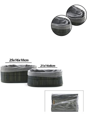 Tuğraçelik Ibico İ22-331 Bambu Kenarlı Oval Organizer Sepet 2'li Set - Gri Bezli Ahşap Altlıklı