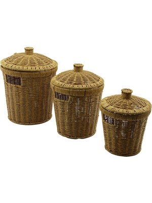 Tuğraçelik Ibico İ22-204 Yuvarlak Hasır Görünümlü Organizer Sepet 3'lü Set - Metal Iskeletli Kapaklı- 6'li Paket