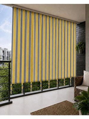 MRC Tekstil Sarı Gri Çizgili Lüks Su Geçirmez Kornişli Bağcıklı Balkon Perdesi Branda