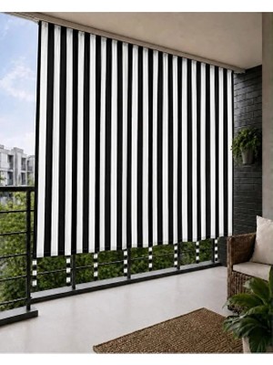 MRC Tekstil Gri Beyazçizgili Lüks Su Geçirmez Kornişli Bağcıklı Balkon Perdesi Branda