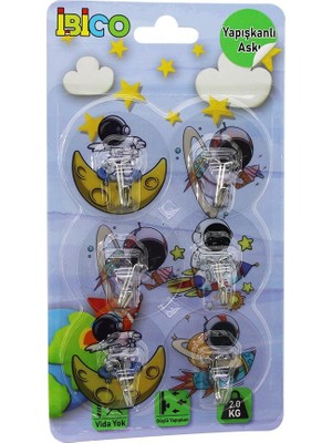 Tuğraçelik Ibico İ17-004 Astronot Resimli Metal Uçlu Şeffaf Pvc Yapışkanlı Askı (2kg Taşıma Kapasiteli) 6 Adet- 12'li Paket