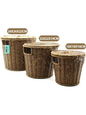 Tuğraçelik Ibico İ22-337 Yuvarlak Hasır Organizer Sepet 3'lü Set - Metal Iskeletli Kapaklı 22X22X18 Cm- 12'li Paket
