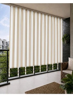 MRC Tekstil Bej Krem Çizgili Lüks Su Geçirmez Kornişli Bağcıklı Balkon Perdesi Branda
