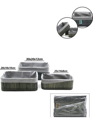 Tuğraçelik Ibico İ22-327 Bambu Kenarlı Dikdörtgen Organizer Sepet 3'lü Set - Gri Bezli Ahşap Altlıklı