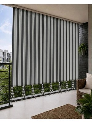 MRC Tekstil Antrasit Gri Çizgili Lüks Su Geçirmez Kornişli Bağcıklı Balkon Perdesi Branda