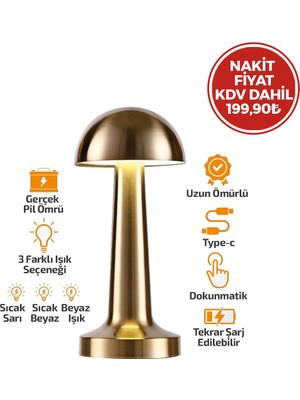 Tuğraçelik Noas Atina YL86-1231 Oval Metal Mantar Masa Lambası - Dokunmatik Renkli, Type-C Şarjlı, 3 Fonksiyonlu