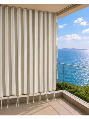 Lurexa Bej Krem Çizgili Lüks Su Geçirmez Kornişli Bağcıklı Balkon Perdesi Branda
