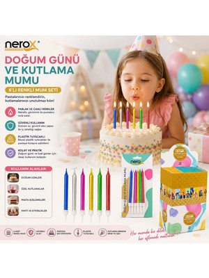Tuğraçelik Nerox NRX-3016 Renkli Doğum Günü Mumu - 6'lı Beyaz Plastik Tutacaklı- 24'li Paket
