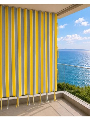 Lurexa Sarı Gri Çizgili Lüks Su Geçirmez Kornişli Bağcıklı Balkon Perdesi Branda