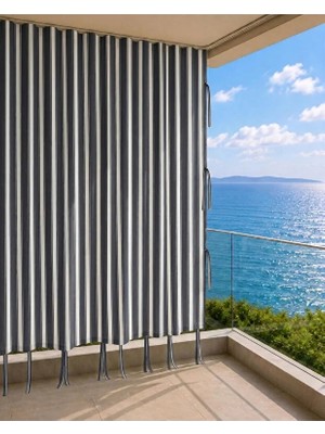 Lurexa Gri Beyazçizgili Lüks Su Geçirmez Kornişli Bağcıklı Balkon Perdesi Branda