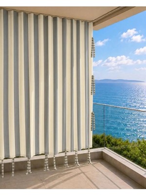 Lurexa Gri Krem Çizgili Lüks Su Geçirmez Kornişli Bağcıklı Balkon Perdesi Branda