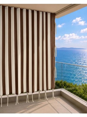 Lurexa Kahve Krem Çizgili Lüks Su Geçirmez Kornişli Bağcıklı Balkon Perdesi Branda