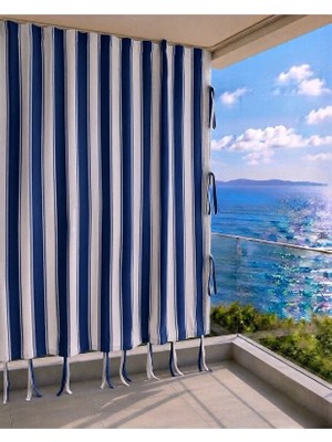 Lurexa Mavi Beyaz Çizgili Lüks Su Geçirmez Kornişli Bağcıklı Balkon Perdesi Branda