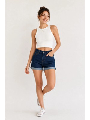 Woddi Liva Ters Paça Detaylı Kadın Lacivert Jeans Şort Günlük Esnek Denim Kot Şort