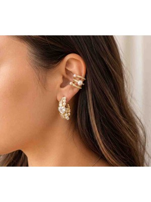 Simoza Studio Gold Renk Inci Detaylı Çelik Küpe ve Kıkırdak Küpesi 2'li Set | Zirkon Taşlı Deliksiz Ear Cuff Kadın Takı